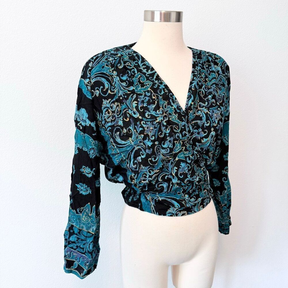 Vintage Carole Little Black Floral Teal Mock Wrap Blouse Top 14 Large